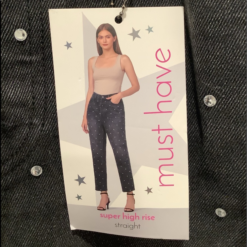 Juniors Straight Super High Rise Buttonfly Jeans With Rhinestones, Size 7 - Picture 5 of 13